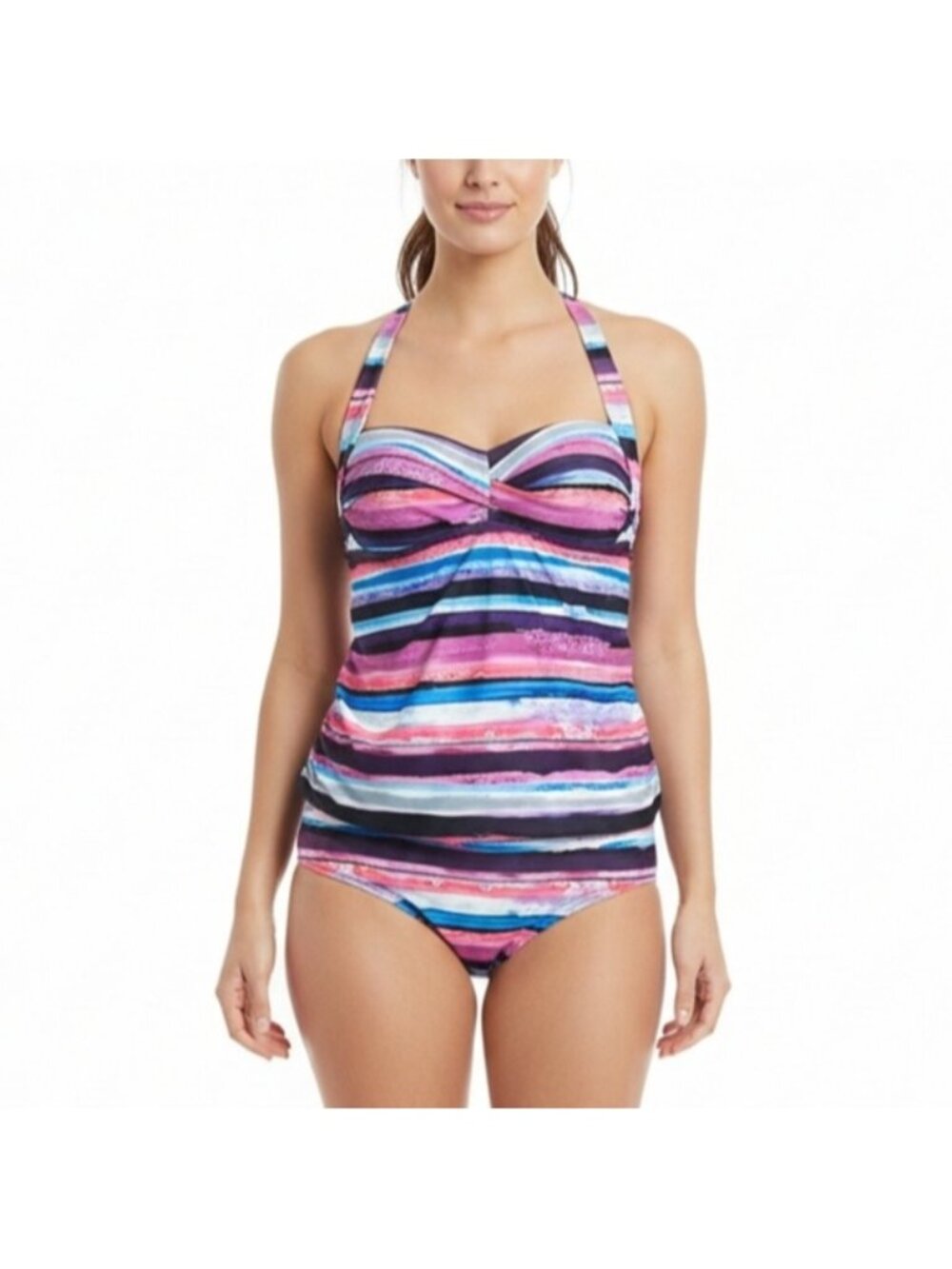 Shore Club Striped Halter Tankini Top Swimsuit Tank Womens Size 16 Built In Bra